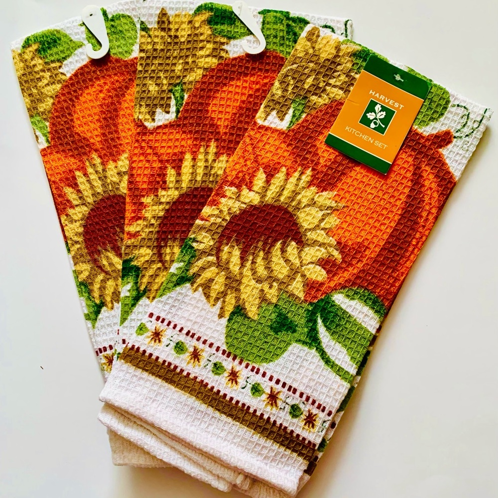 Set of 3 Sunflowers & Pumpkin Kitchen Towels New